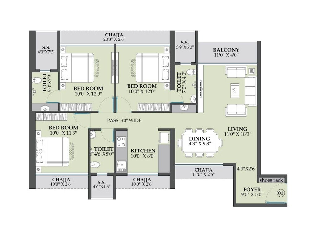 3 BHK 1183 Sq. Ft. Apartment
