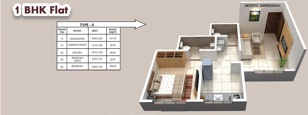 Floor plan of 1 BHK 367 Sq. Ft. Apartment in Savitri Heritage, Navi Mumbai