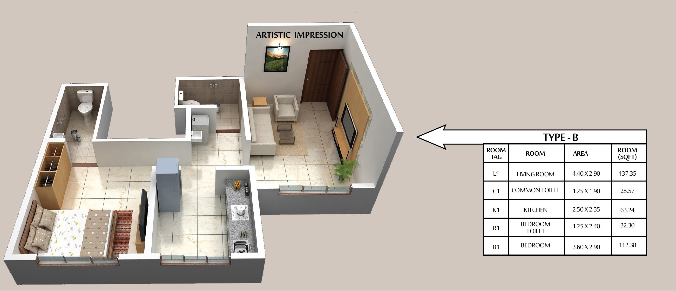 Floor plan of 1 BHK 371 Sq. Ft. Apartment in Savitri Heritage, Navi Mumbai