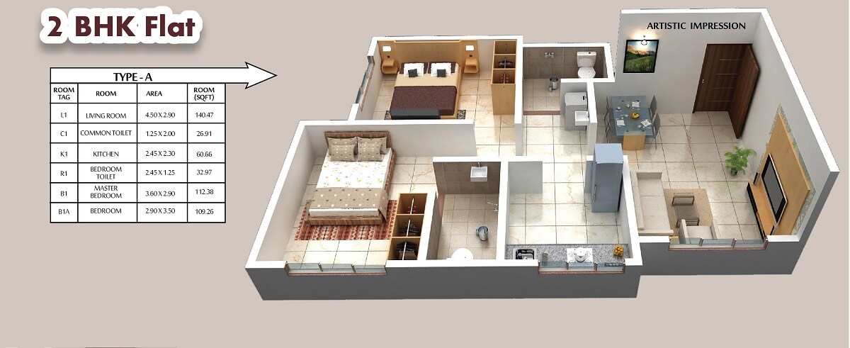 Floor plan of 2 BHK 483 Sq. Ft. Apartment in Savitri Heritage, Navi Mumbai