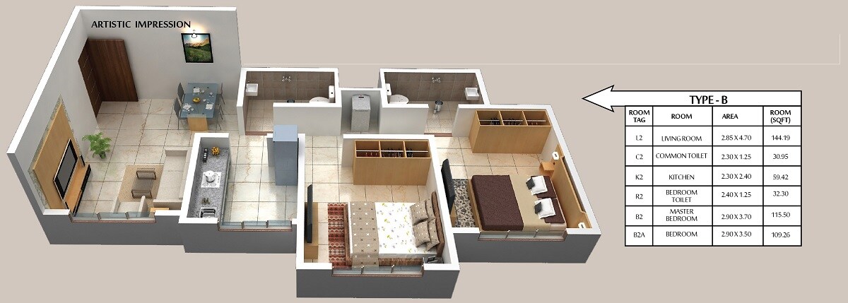 Floor plan of 2 BHK 492 Sq. Ft. Apartment in Savitri Heritage, Navi Mumbai