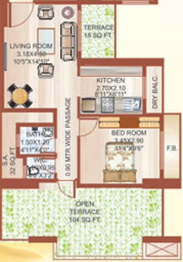Floor plan of 1 BHK 850 Sq. Ft. Apartment in Sawan Heritage, Navi Mumbai