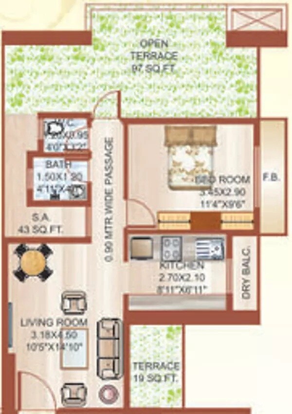 Floor plan of 1 BHK 859 Sq. Ft. Apartment in Sawan Heritage, Navi Mumbai