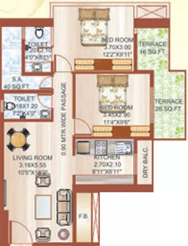 Floor plan of 2 BHK 1071 Sq. Ft. Apartment in Sawan Heritage, Navi Mumbai