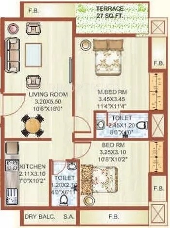 Floor plan of 2 BHK 1100 Sq. Ft. Apartment in Sawan Heritage, Navi Mumbai