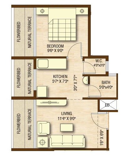Floor plan of 1 BHK 307 Sq. Ft. Apartment in Surana Sarovar, Navi Mumbai