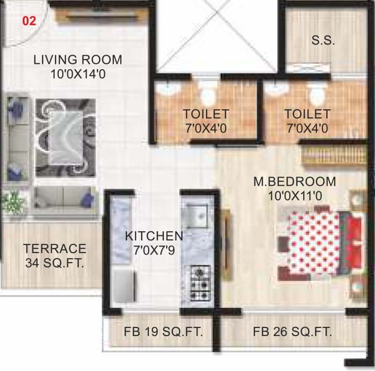 Floor plan of 1 BHK 208 Sq. Ft. Apartment in Sejal Suyash Galaxy, Navi Mumbai