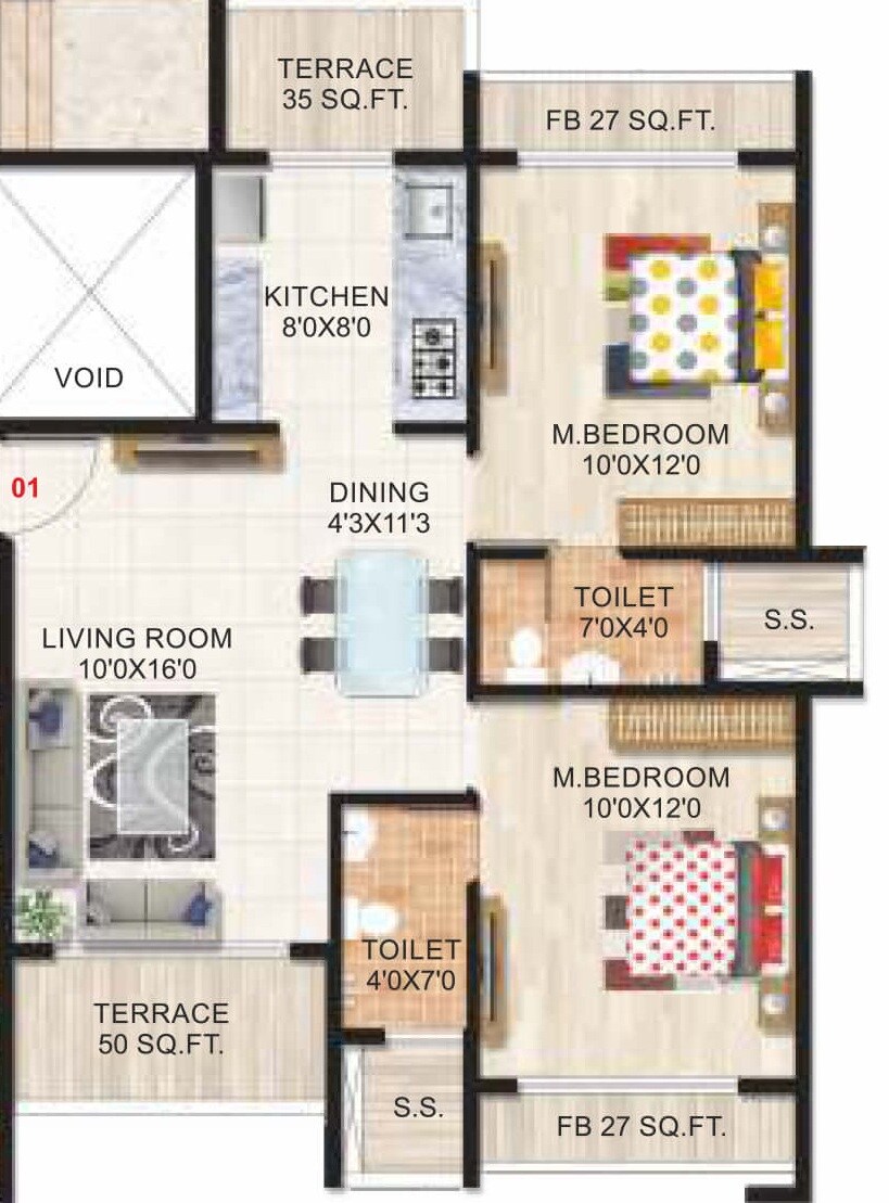 Floor plan of 2 BHK 402 Sq. Ft. Apartment in Sejal Suyash Galaxy, Navi Mumbai