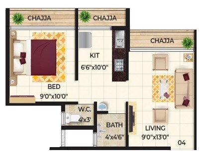 Floor plan of 1 BHK Apartment - 315 sq. ft. in SG Ashtavinayak Diamond, Navi Mumbai