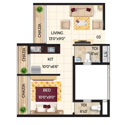 Floor plan of 1 BHK Apartment - 342 sq. ft. in SG Ashtavinayak Diamond, Navi Mumbai