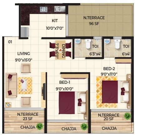 Floor plan of 2 BHK Apartment - 512 sq. ft. in SG Ashtavinayak Diamond, Navi Mumbai