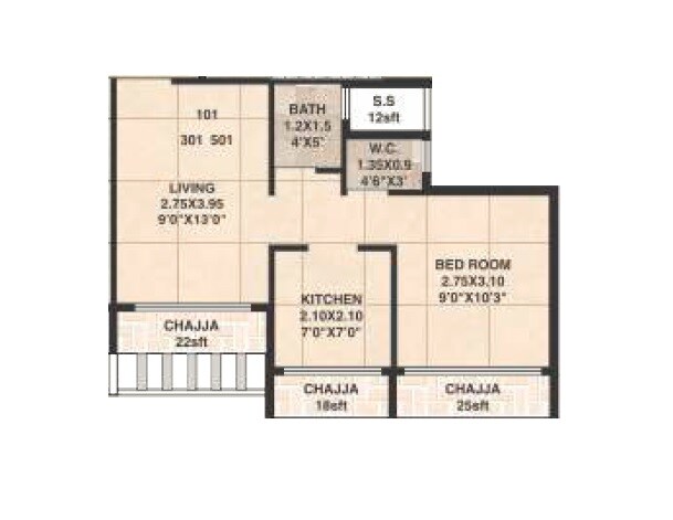 Floor plan of 1 BHK 208 Sq. Ft. Apartment in Shadow Nest, Navi Mumbai