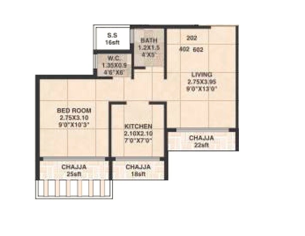 Floor plan of 1 BHK 297 Sq. Ft. Apartment in Shadow Nest, Navi Mumbai