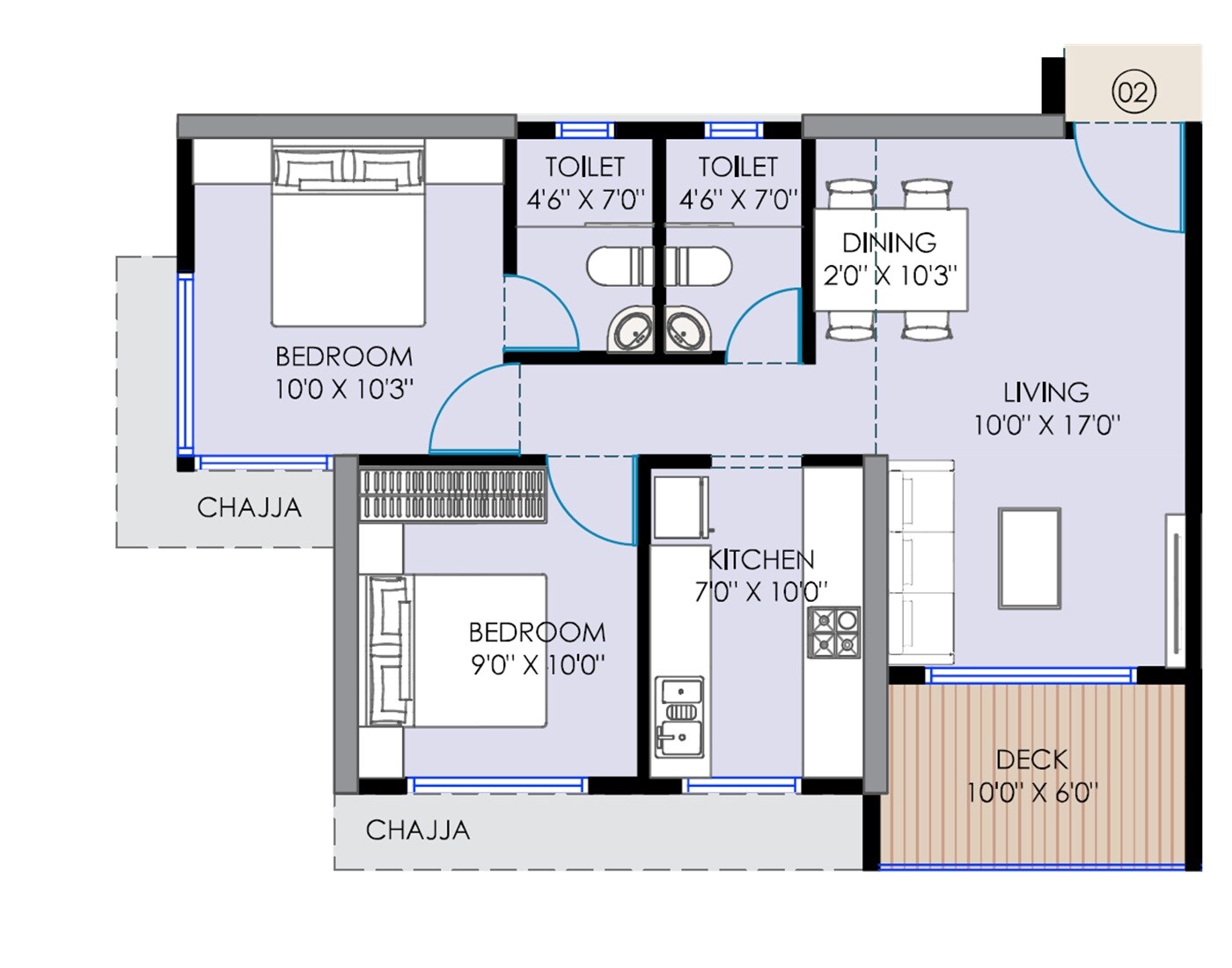 Floor plan of 2 BHK 569 Sq. Ft. Apartment in Shagun Avasa, Navi Mumbai