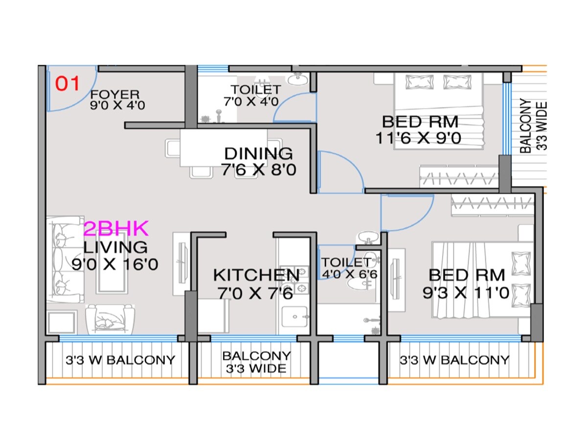 Floor plan of 2 BHK 626 Sq. Ft. Apartment in Shagun Avenue 7, Navi Mumbai
