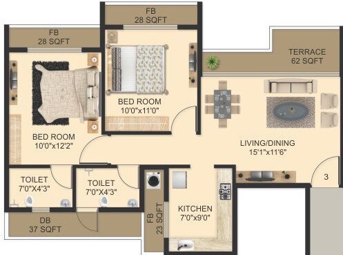 Floor plan of 2 BHK 411 Sq. Ft. Apartment in Shagun Essentia, Navi Mumbai