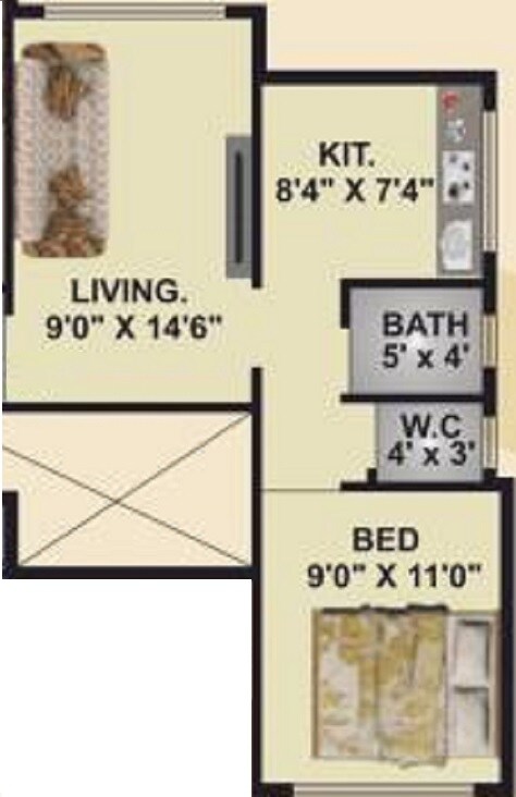 Floor plan of 1 BHK 253 Sq. Ft. Apartment in Shagun Prestige, Navi Mumbai