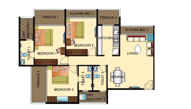 Floor plan of 3 BHK 663 Sq. Ft. Apartment in Shagun White Woods, Navi Mumbai