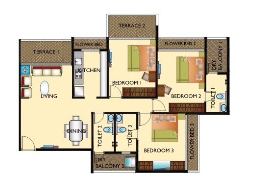 Floor plan of 3 BHK 685 Sq. Ft. Apartment in Shagun White Woods, Navi Mumbai