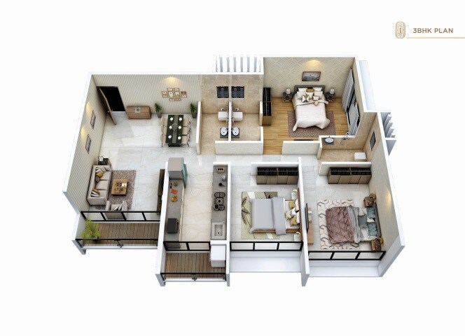 Floor plan of 3 BHK 942 Sq. Ft. Apartment in Shakti One Luxuria, Navi Mumbai