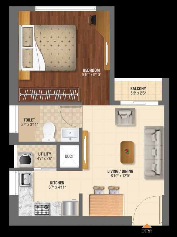 Floor plan of 1 BHK 338 Sq. Ft. Apartment in Sheltrex Smart Phone City, Navi Mumbai