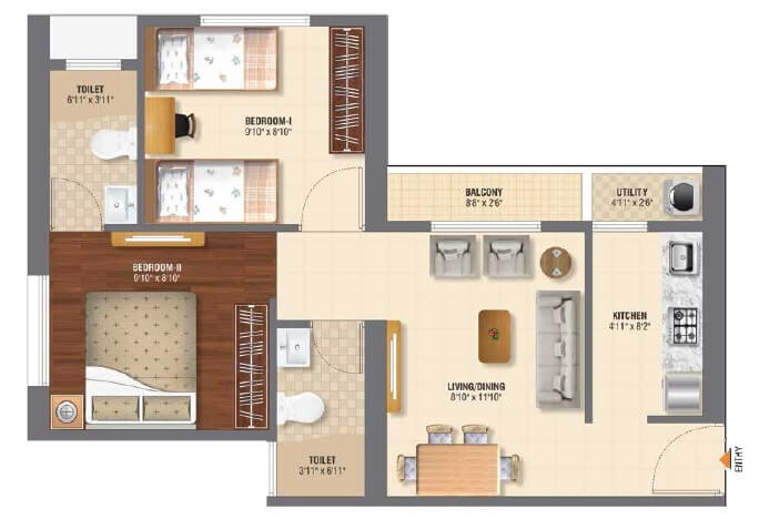 Floor plan of 2 BHK 501 Sq. Ft. Apartment in Sheltrex Smart Phone City, Navi Mumbai