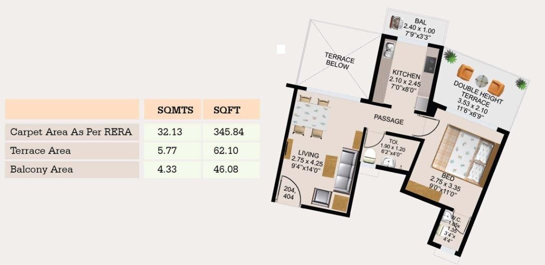 Floor plan of 1 BHK 345 Sq. Ft. Apartment in Shikara Greens Phase I, Navi Mumbai