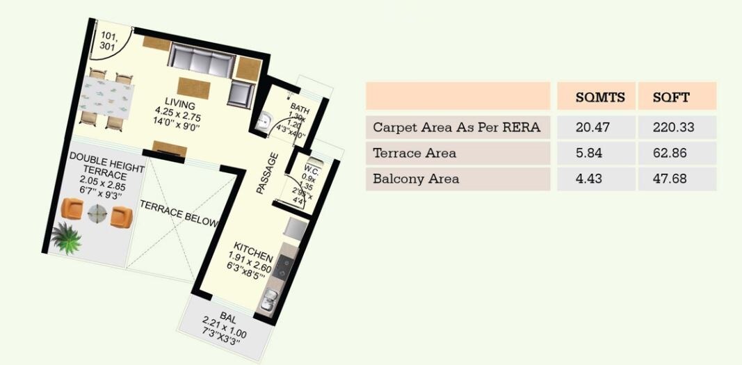 Floor plan of 220 Sq. Ft. Studio in Shikara Greens Phase I, Navi Mumbai