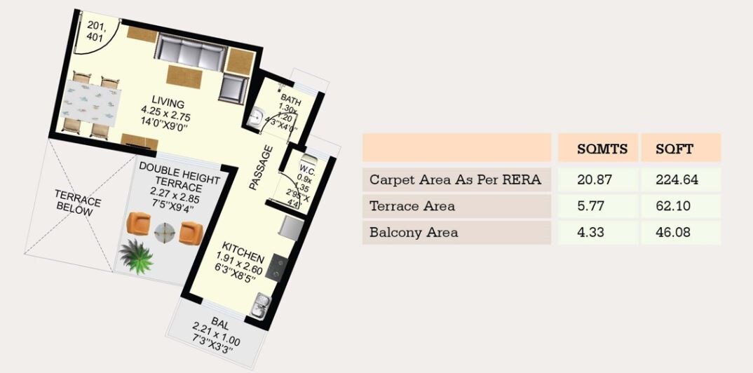 Floor plan of 224 Sq. Ft. Studio in Shikara Greens Phase I, Navi Mumbai