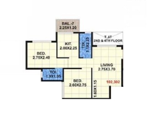 Floor plan of 2 BHK 433 Sq. Ft. Apartment in Shivam Complex Navi Mumbai, Navi Mumbai