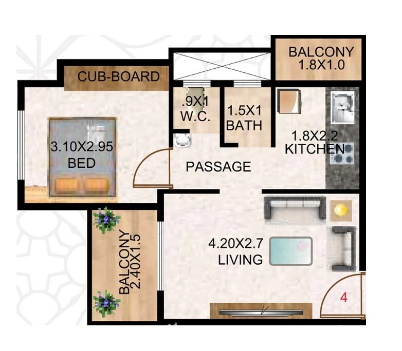 Floor plan of 1 BHK Apartment - 382 sq. ft. in Shivam Unity Homes, Navi Mumbai