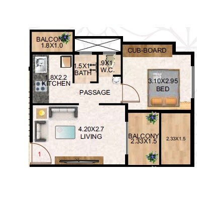 Floor plan of 1 BHK Apartment - 385 sq. ft. in Shivam Unity Homes, Navi Mumbai