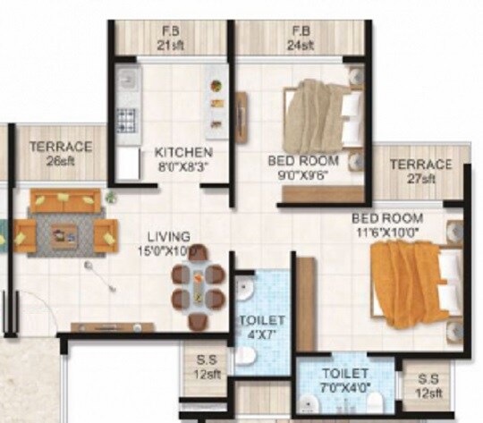 Floor plan of 2 BHK 376 Sq. Ft. Apartment in Shivshakti Shiv Ornate, Navi Mumbai