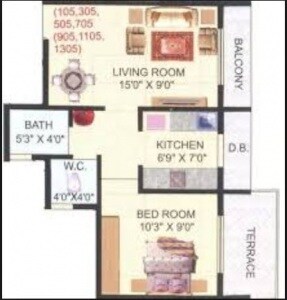 Floor plan of 2 BHK 1290 Sq. Ft. Apartment in Shivshankar Height, Navi Mumbai
