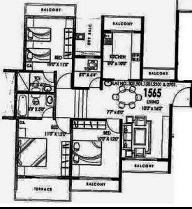 Floor plan of 3 BHK 1565 Sq. Ft. Apartment in Shivshankar Height, Navi Mumbai