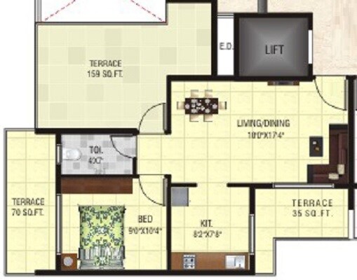 Floor plan of 1 BHK 398 Sq. Ft. Apartment in Shivtej Ashiyana, Navi Mumbai