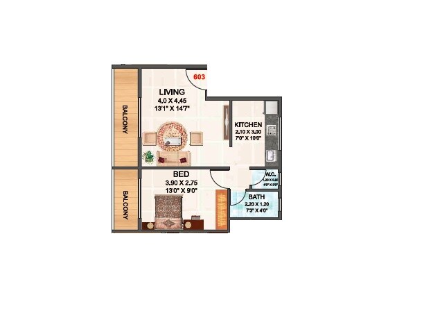 Floor plan of 1 BHK 407 Sq. Ft. Apartment in Shree Aaditya Akshay, Navi Mumbai