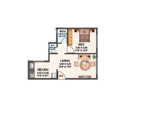 Floor plan of 1 BHK 426 Sq. Ft. Apartment in Shree Aaditya Akshay, Navi Mumbai
