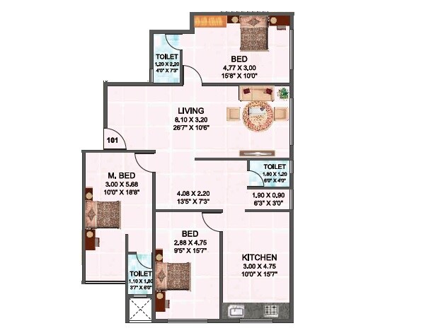 Floor plan of 3 BHK 1088 Sq. Ft. Apartment in Shree Aaditya Akshay, Navi Mumbai