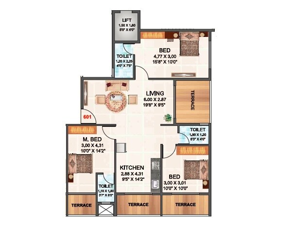 Floor plan of 3 BHK 809 Sq. Ft. Apartment in Shree Aaditya Akshay, Navi Mumbai