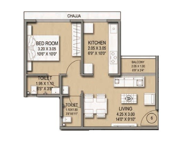 1 BHK 355 Sq. Ft. Apartment