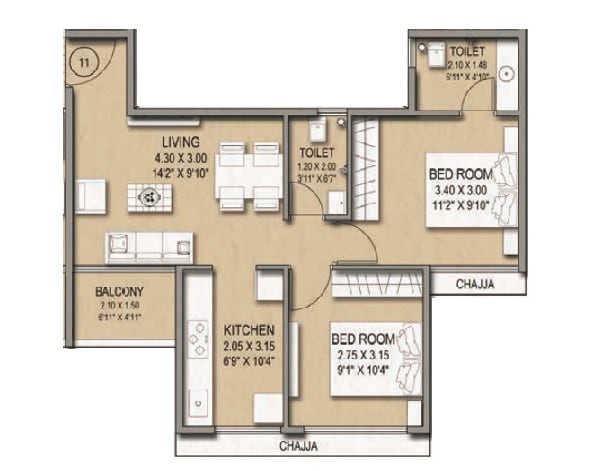 Floor plan of 2 BHK Apartment - 521 sq. ft. in Shree Alampata, Navi Mumbai