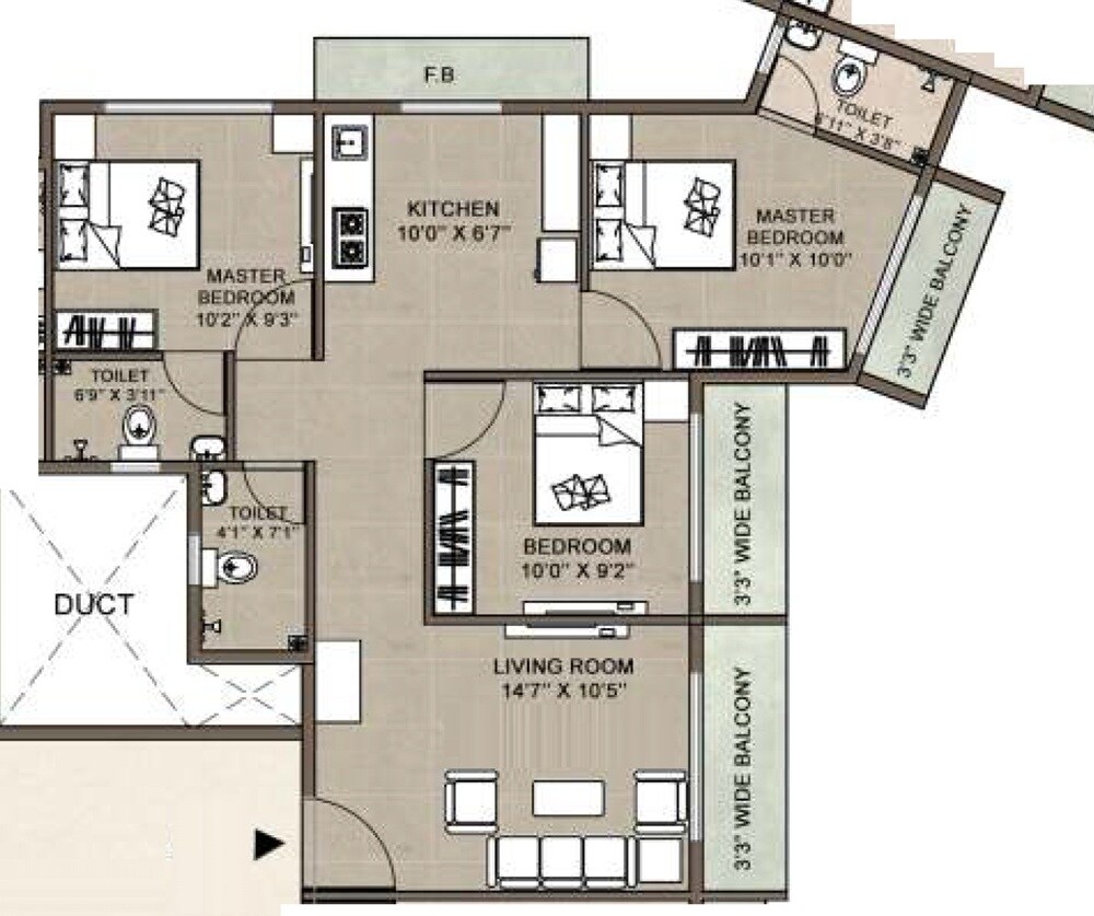Floor plan of 3 BHK 709 Sq. Ft. Apartment in Shree Balaji Icon, Navi Mumbai