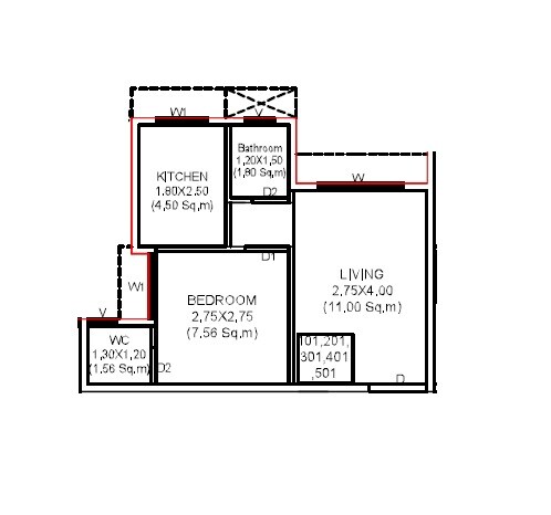 Floor plan of 1 BHK 370 Sq. Ft. Apartment in Shree Balaji Jijai Apartment, Navi Mumbai