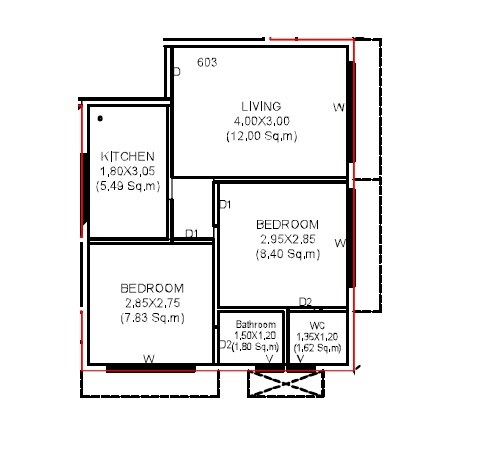 Floor plan of 2 BHK 415 Sq. Ft. Apartment in Shree Balaji Jijai Apartment, Navi Mumbai