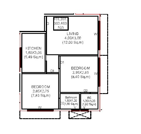 Floor plan of 2 BHK 496 Sq. Ft. Apartment in Shree Balaji Jijai Apartment, Navi Mumbai