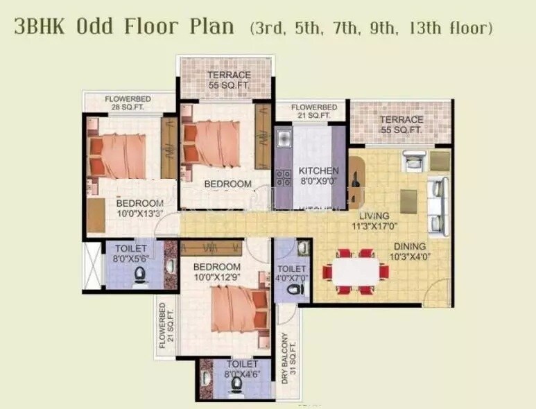 Floor plan of 3 BHK 1576 Sq. Ft. Apartment in Shree Balaji  Om Harmony, Navi Mumbai