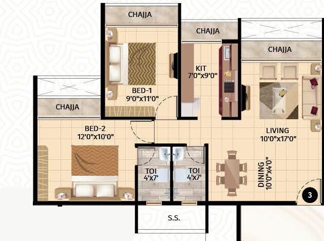 Floor plan of 2 BHK 524 Sq. Ft. Apartment in Shree Chamunda Damodarpriya, Navi Mumbai