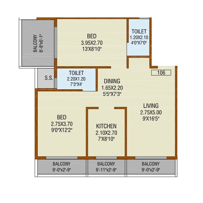 Floor plan of 2 BHK 545 Sq. Ft. Apartment in Shree Ganesh Alliaance, Navi Mumbai