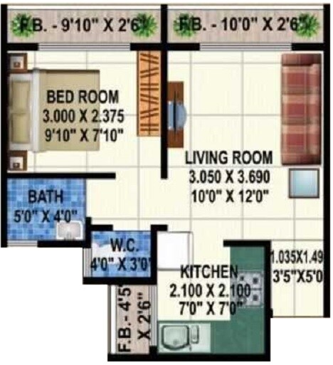 Floor plan of 1 BHK 329 Sq. Ft. Apartment in Shree Ganesh Nagar, Navi Mumbai